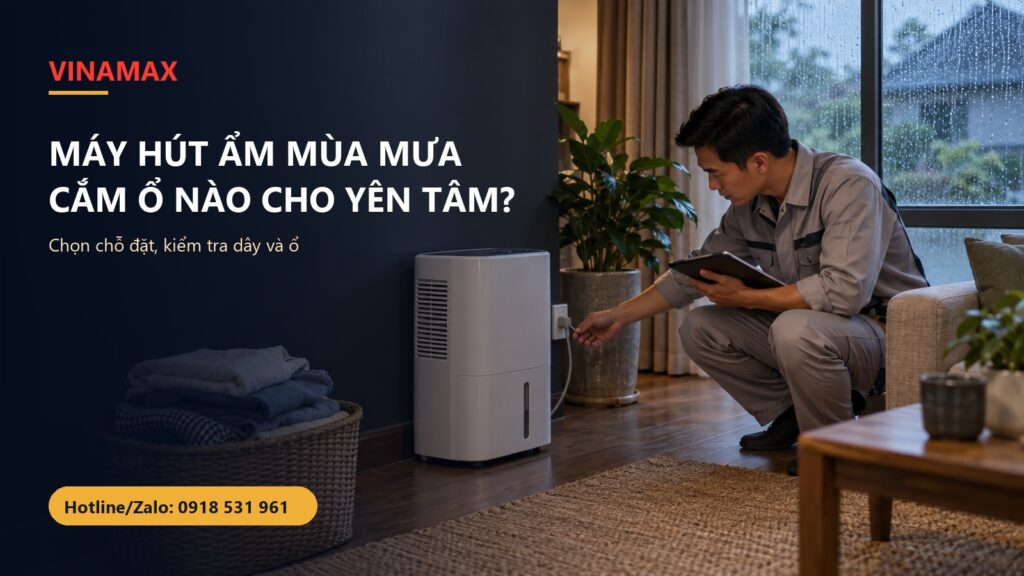 Máy hút ẩm trong phòng khách nhà Việt Nam ngày mưa, thợ điện kiểm tra ổ cắm