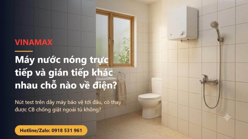 Nhà tắm gia đình Việt Nam gạch men sáng, máy nước nóng vỏ trắng trơn không nhãn gắn cao trên tường, vòi sen phía dưới, cửa sổ lấy sáng bên trái