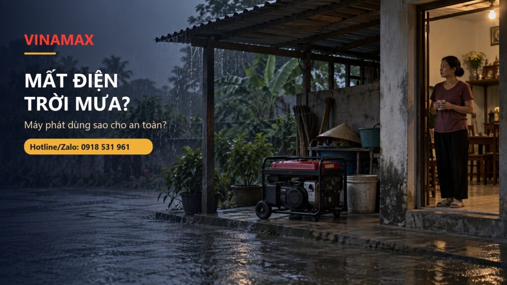 Máy phát điện tắt dưới mái che khô trong lúc trời mưa tại nhà Việt Nam