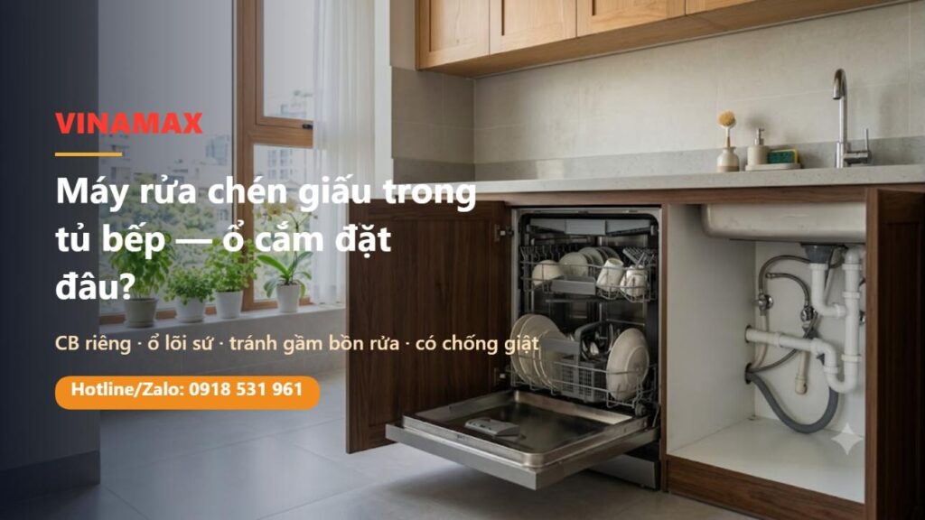 Máy rửa chén âm tủ bếp với cánh tủ mở, đường ống nước dưới bồn rửa trong căn bếp Việt Nam
