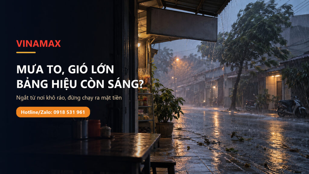Mặt tiền cửa tiệm Việt Nam nhìn từ bên trong khi mưa lớn, bảng hiệu trơn không chữ ở phía ngoài.