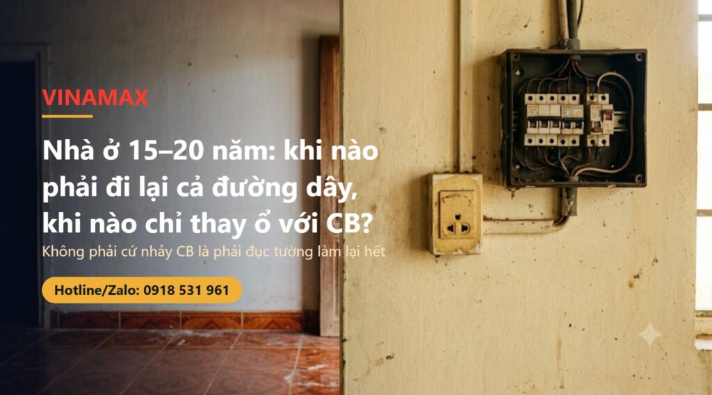 Góc tường nhà cũ Việt Nam với ổ cắm điện ngả màu và tủ điện nhỏ mở nắp có mấy cái CB