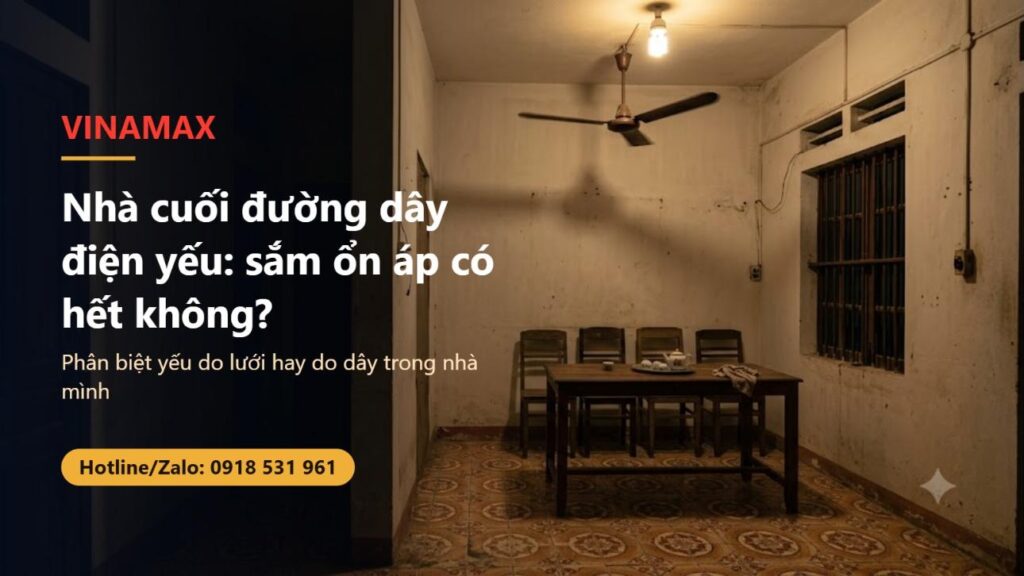 Phòng khách nhà cũ buổi tối với bóng đèn mờ và quạt trần, minh họa cho bài nhà cuối đường dây bị điện yếu