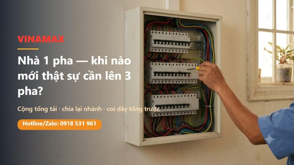 Tủ điện gia đình mở nắp với nhiều CB nhánh, thợ điện đang kiểm tra bằng tua vít