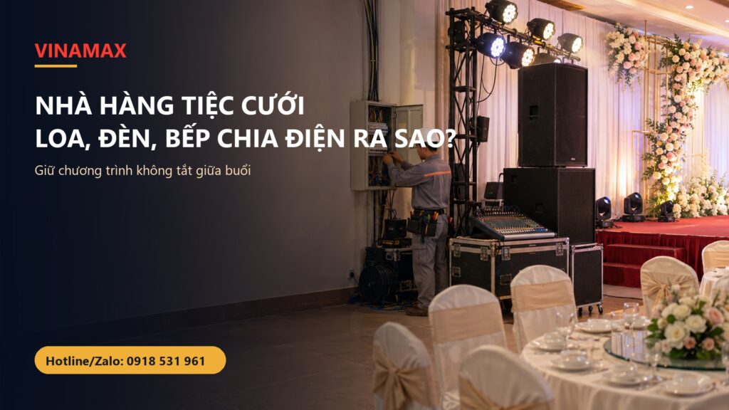 Thợ điện kiểm tra tủ điện cạnh sân khấu nhà hàng tiệc cưới