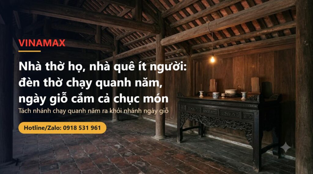 Gian nhà thờ họ Việt Nam bằng gỗ với bàn thờ chạm khắc và một bóng đèn nhỏ treo trên cao