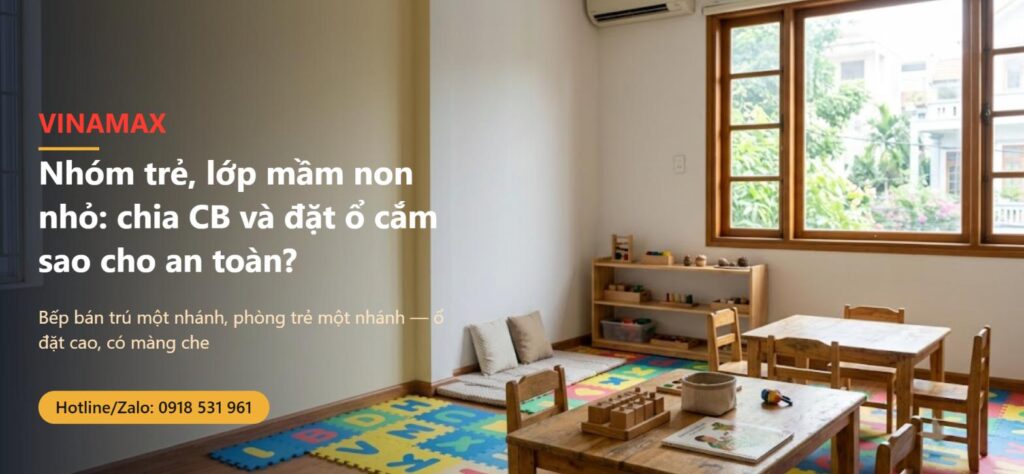 Phòng học nhóm trẻ mầm non tư thục nhỏ với bàn gỗ thấp, thảm xốp và máy lạnh treo tường