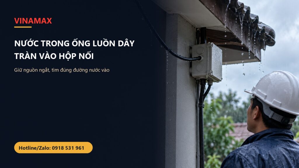 Thợ điện quan sát nước mưa theo ống luồn dây vào hộp nối ngoài trời