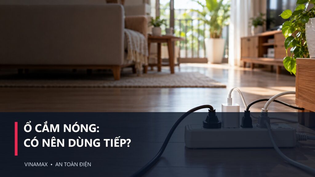 Ổ cắm điện gia đình và nhiều thiết bị đang dùng, người dùng kiểm tra dấu hiệu nóng bất thường một cách an toàn