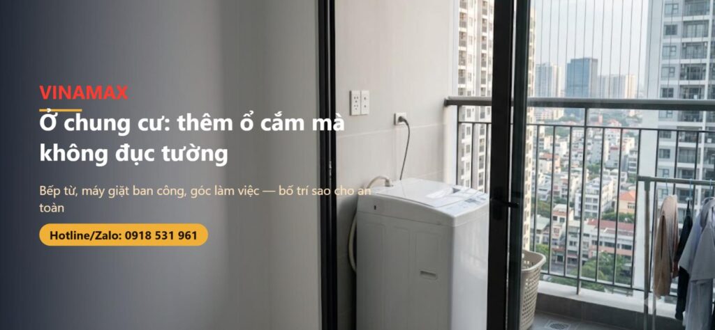 Góc ban công căn hộ chung cư có máy giặt và ổ cắm gắn tường