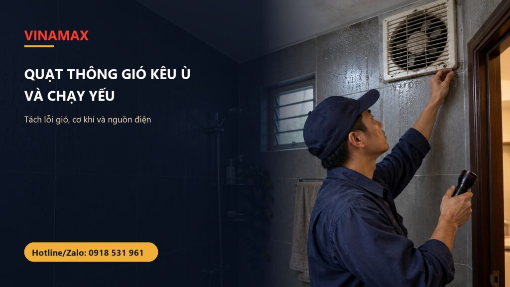 Thợ kiểm tra quạt thông gió trong nhà vệ sinh ẩm tại nhà Việt Nam