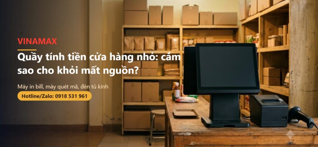 Quầy tính tiền cửa hàng nhỏ với máy in bill, máy quét mã vạch và màn hình