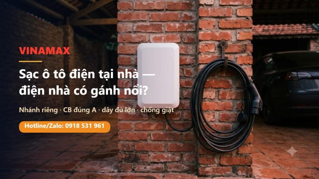 Bộ sạc ô tô điện treo trên tường gạch trong nhà xe của nhà phố Việt Nam, dây sạc cuộn gọn trên móc