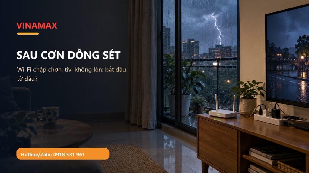 Modem Wi-Fi và tivi trong phòng khách khi ngoài trời có mưa dông sét