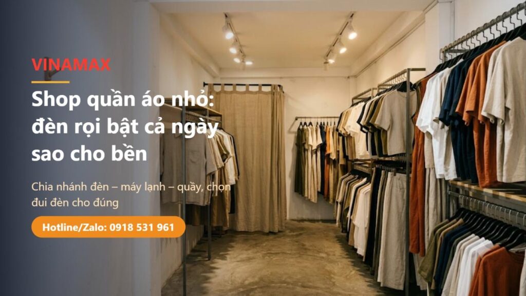 Bên trong shop quần áo nhỏ với giá treo đồ và dàn đèn rọi ray trên trần