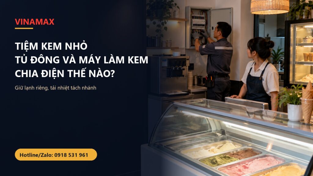 Tiệm kem Việt Nam có tủ đông và thợ kiểm tra tủ điện