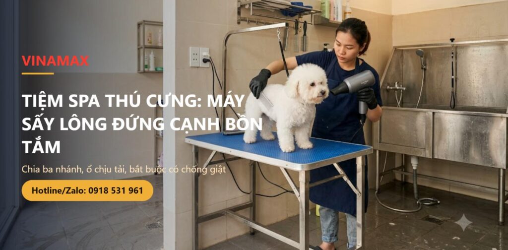 Bàn cắt tỉa lông inox và bồn tắm thú cưng trong tiệm spa chó mèo ở Việt Nam, minh hoạ bài hướng dẫn đi điện an toàn