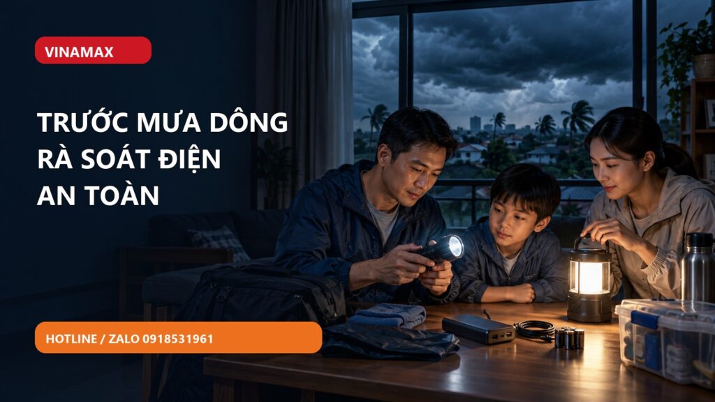 Gia đình chuẩn bị đèn pin và rà soát thiết bị điện trong nhà khô ráo trước mưa dông