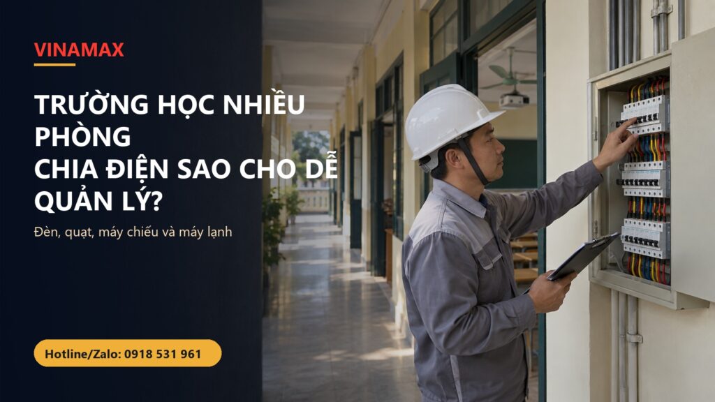 Thợ điện kiểm tra tủ điện chia nhánh tại hành lang trường học