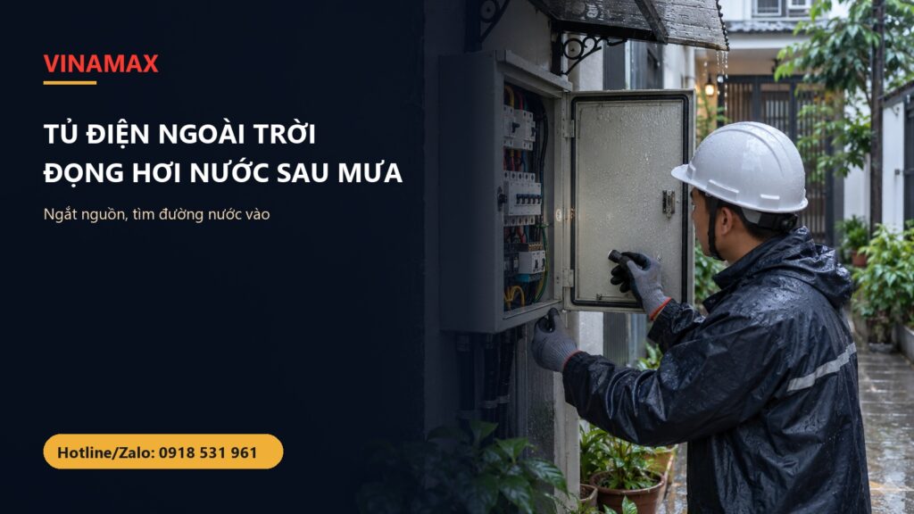Thợ điện kiểm tra tủ điện ngoài trời đọng hơi nước sau mưa