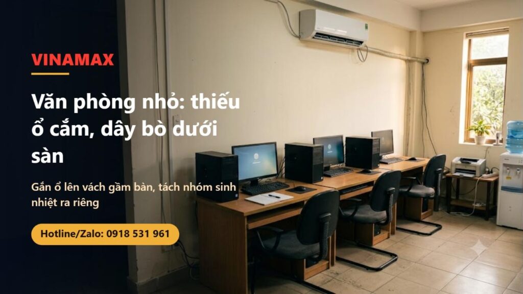 Phòng làm việc văn phòng nhỏ với dãy bàn máy tính, máy in, cây nước và máy lạnh treo tường