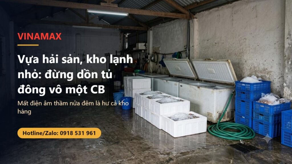 Bên trong vựa hải sản nhỏ với tủ đông, thùng xốp ướp đá và sọt nhựa, minh họa cho bài đi điện cho vựa hàng lạnh