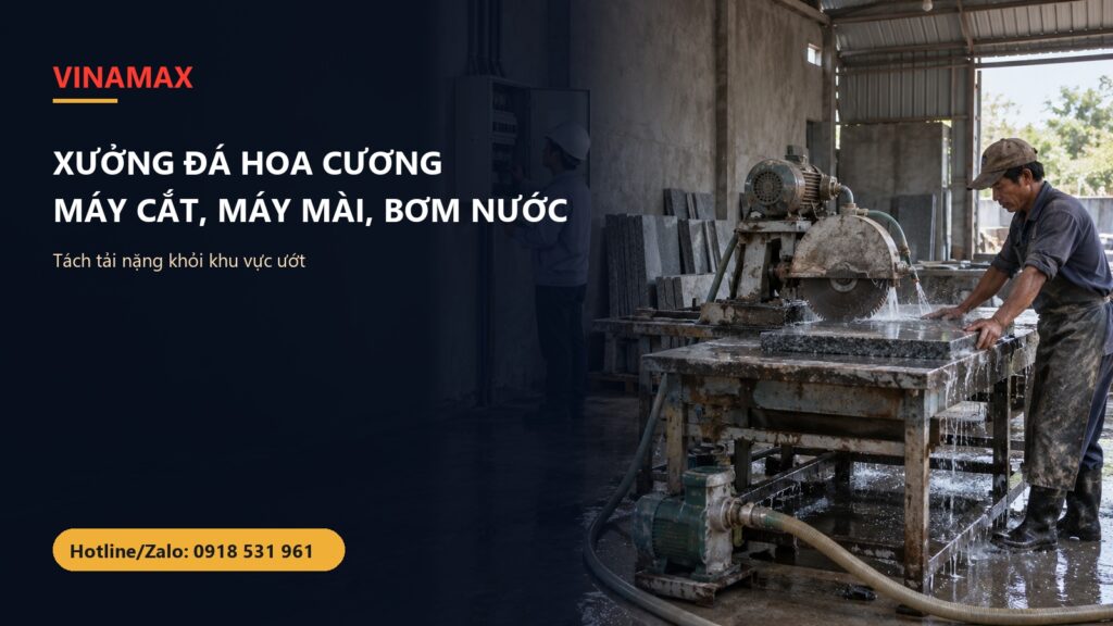 Xưởng đá hoa cương Việt Nam có máy cắt và thợ kiểm tra tủ điện
