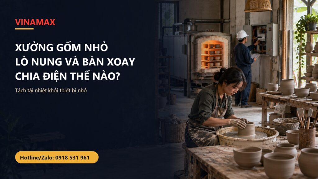 Xưởng gốm Việt Nam có lò nung, bàn xoay và thợ kiểm tra tủ điện