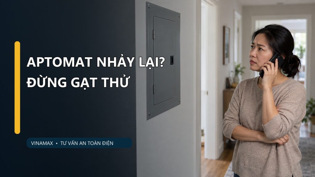 Người trong nhà đứng cách tủ điện đóng kín và gọi thợ khi aptomat nhảy lại
