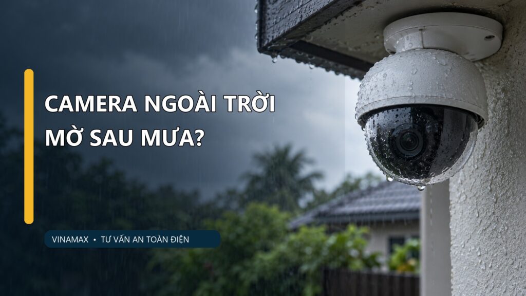 Camera an ninh ngoài trời đọng nước sau mưa dưới mái hiên