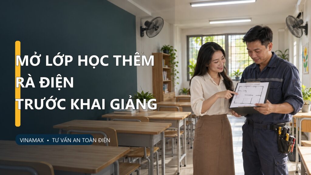 Chủ lớp học thêm cùng thợ điện xem sơ đồ phòng học và vị trí đèn quạt trước khi khai giảng