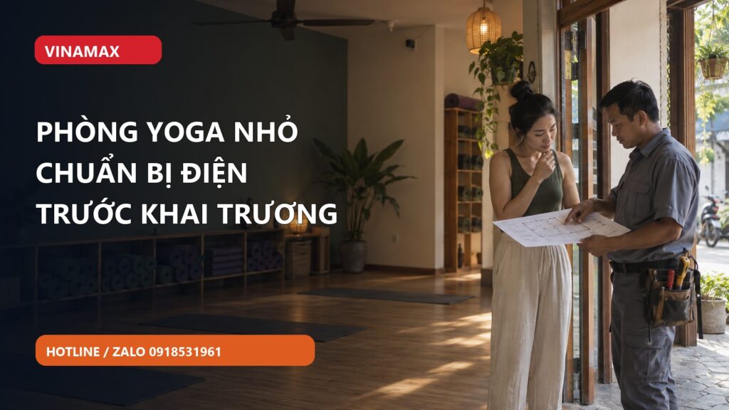 Chủ phòng yoga và thợ điện cùng xem sơ đồ bố trí quạt và đèn trước ngày khai trương