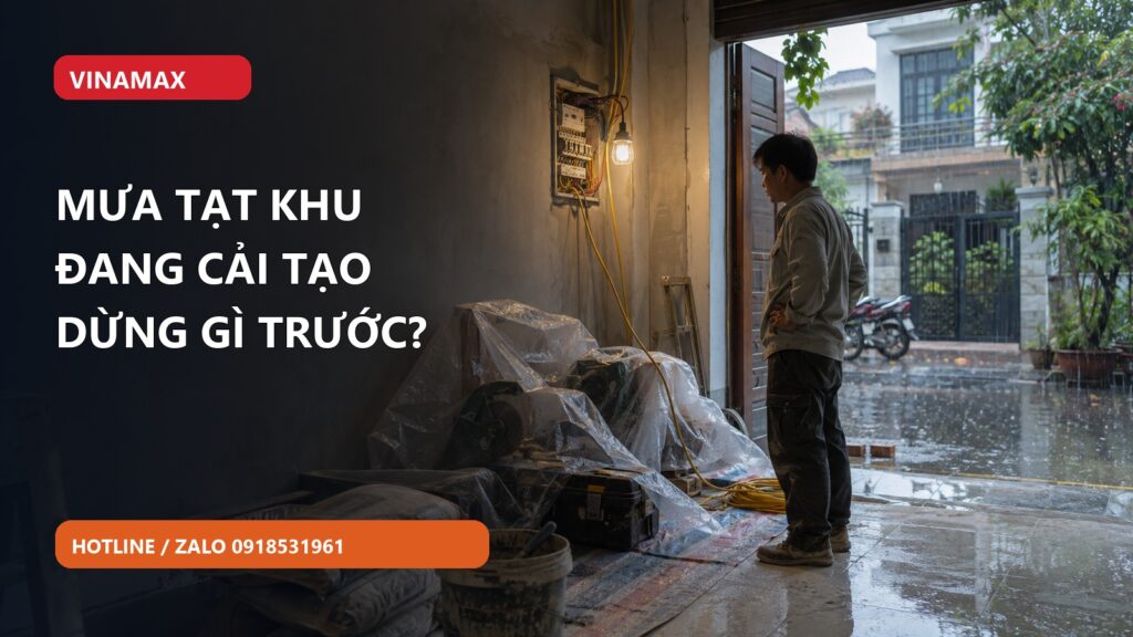 Khu cải tạo nhà trong mưa, dây và dụng cụ điện được che chắn, người thợ đứng ở vùng khô