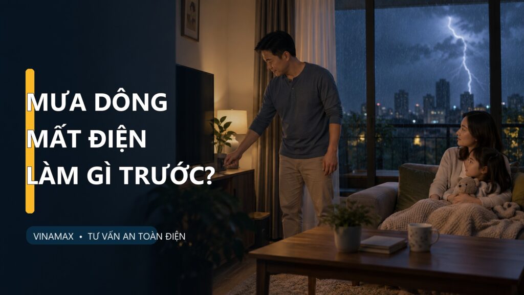 Gia đình Việt Nam trong phòng khách khi mưa dông, một người tắt thiết bị điện từ vị trí khô ráo