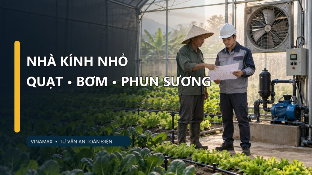 Chủ vườn và thợ xem sơ đồ quạt thông gió bơm tưới trong nhà kính nhỏ